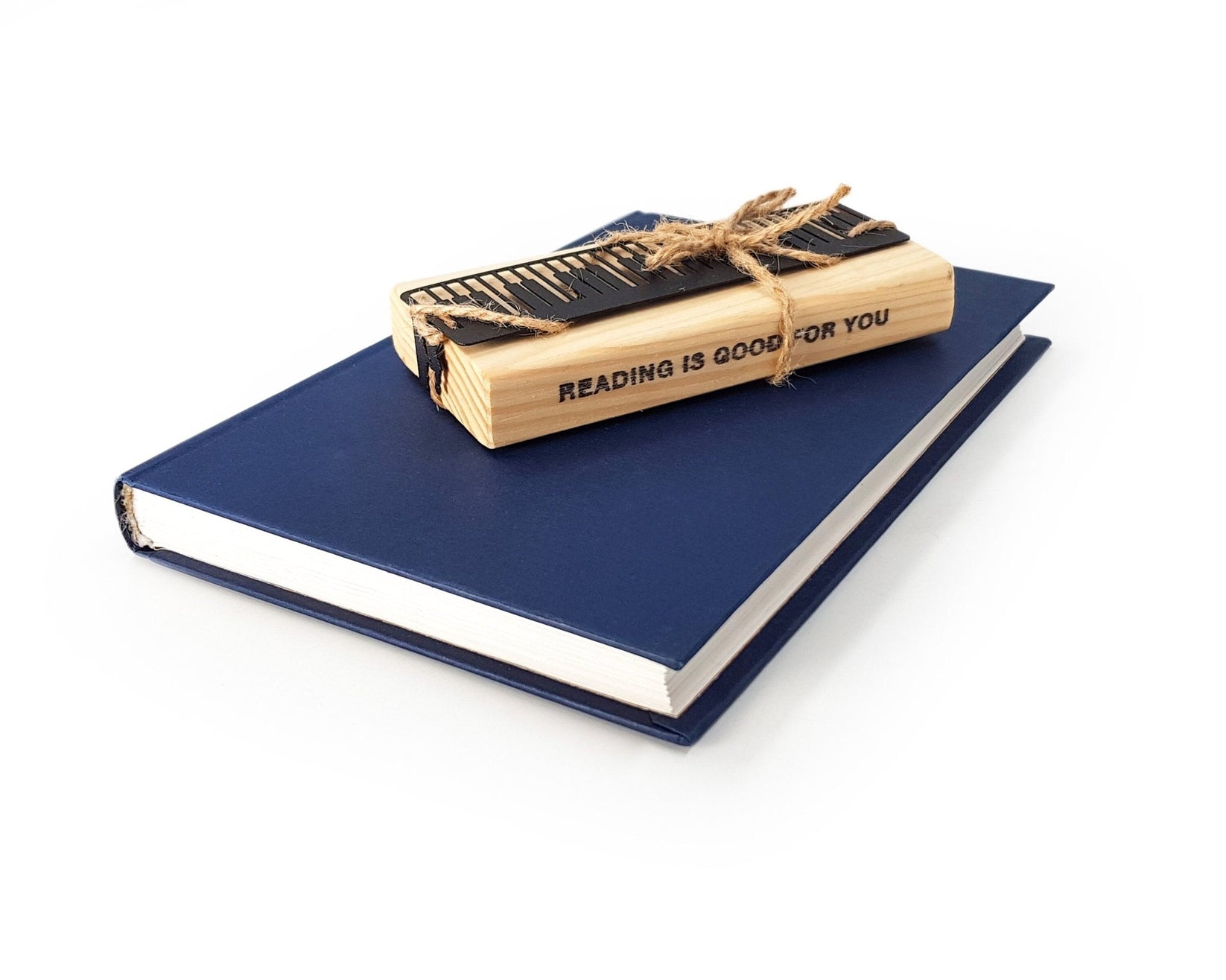 Piano Player metal bookmark with the engraved wooden gift block it ships with