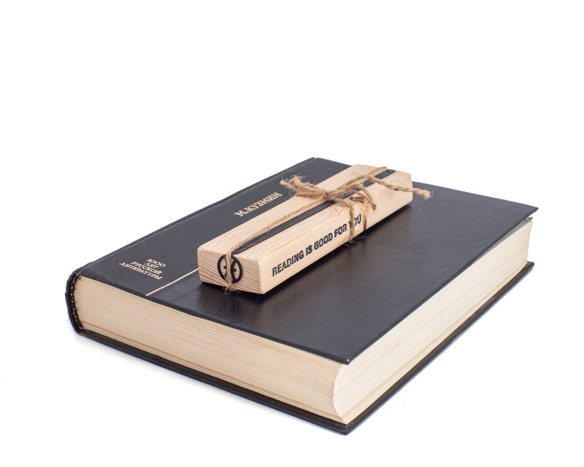 Pisces metal bookmark with the engraved wooden gift block it ships with