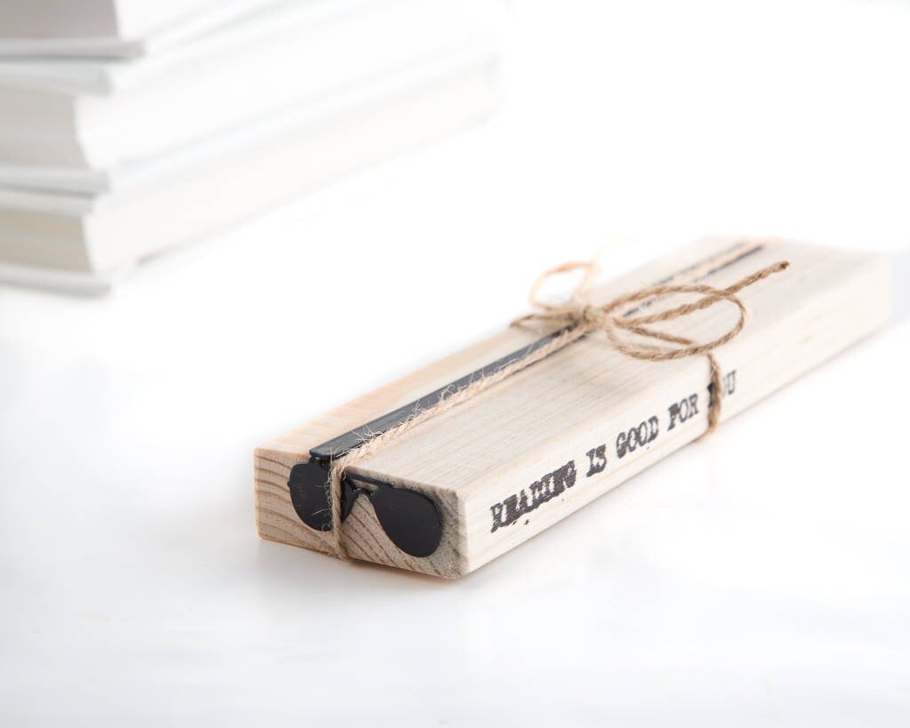 Police Sunglasses metal bookmark with the engraved wooden gift block it ships with