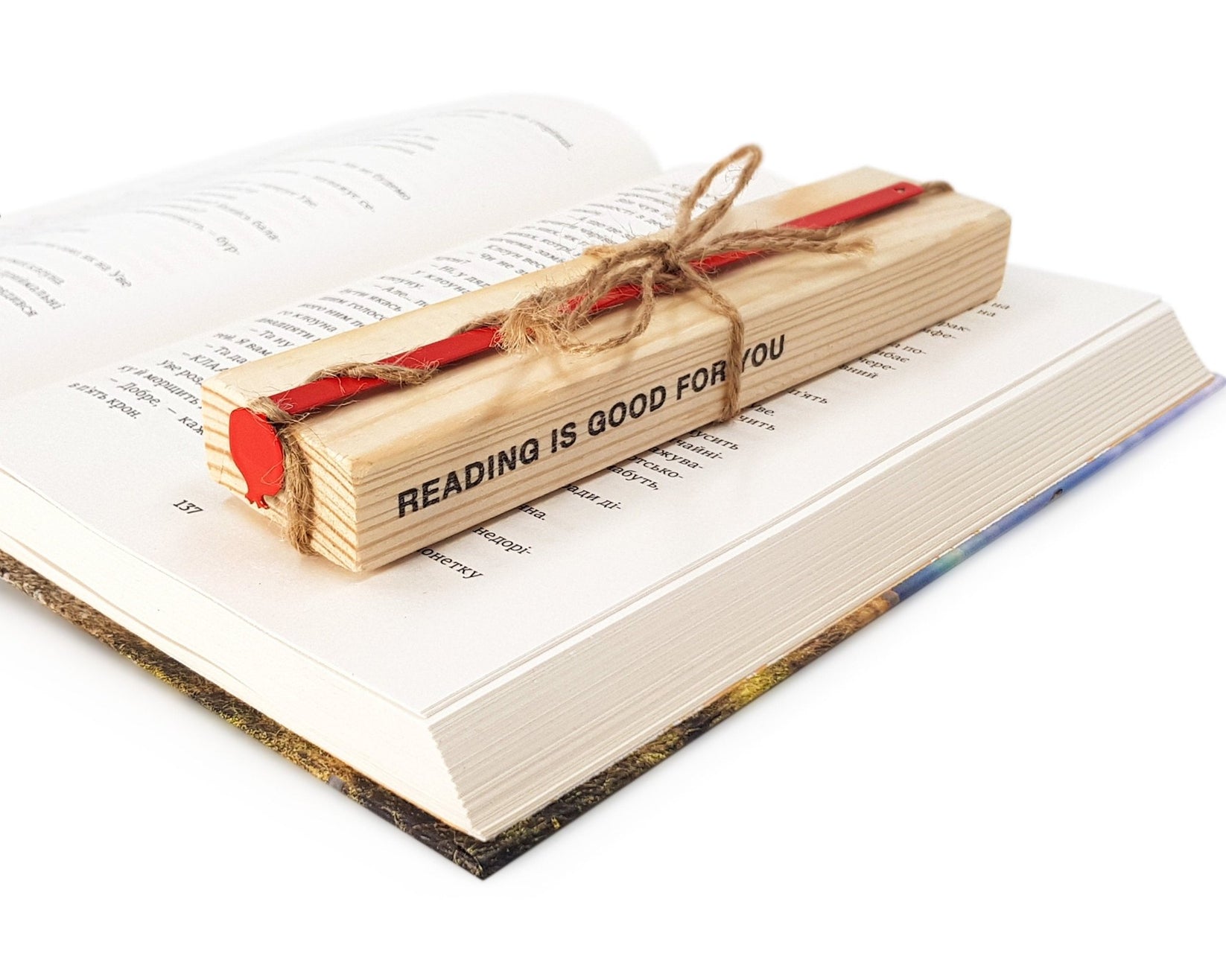 Pomegranate metal bookmark with the engraved wooden gift block it ships with
