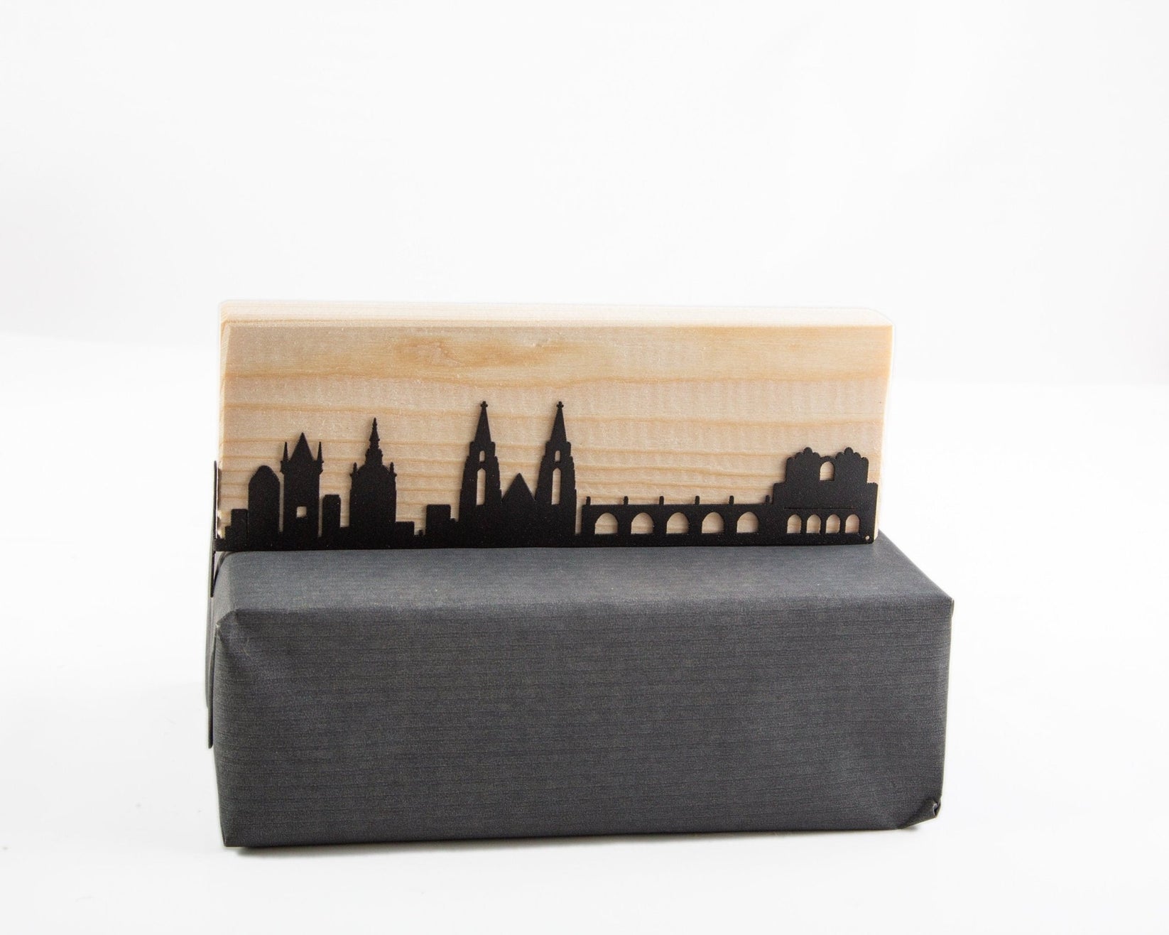 Prague Cityscape metal bookmark with the engraved wooden gift block it ships with