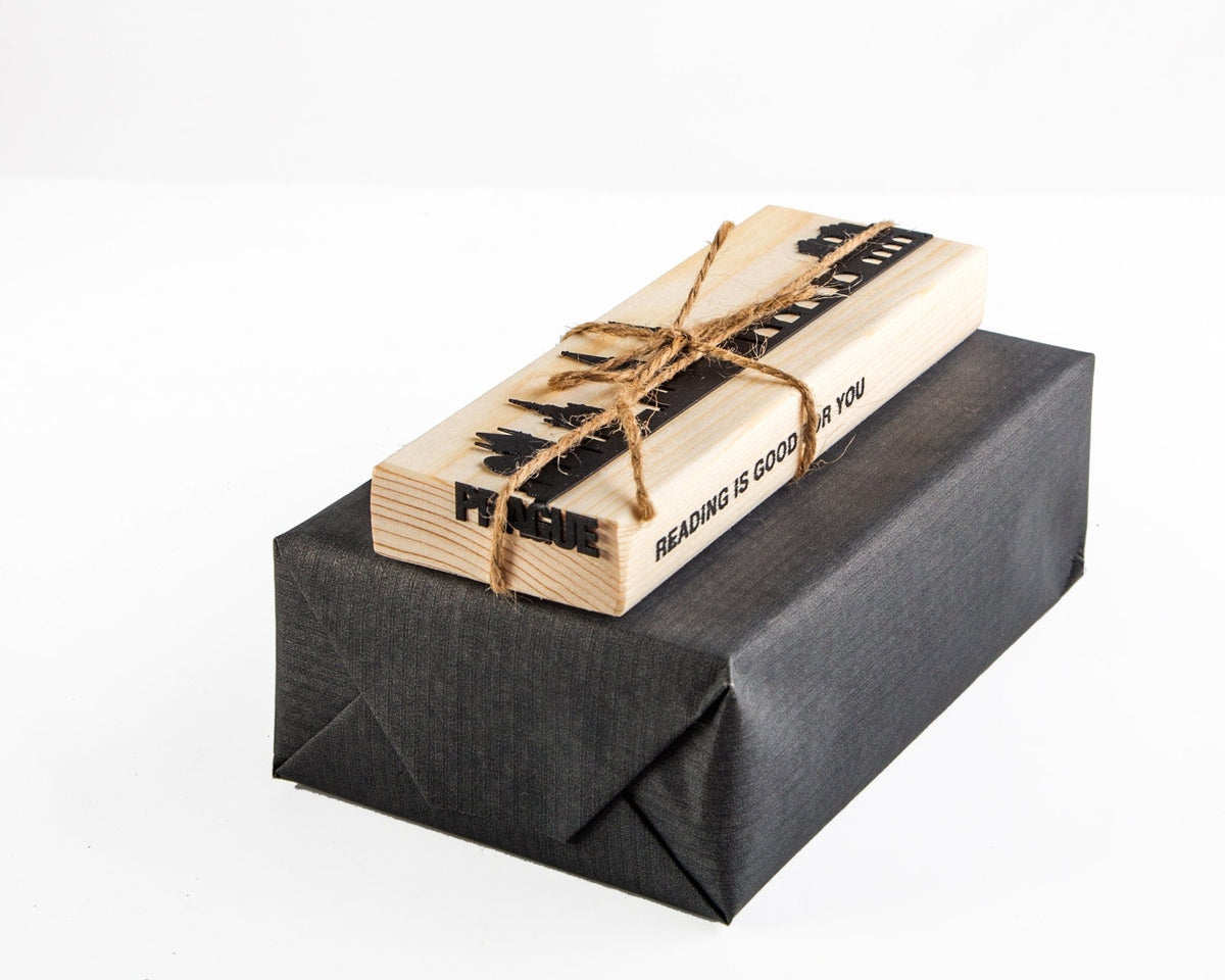 Prague Cityscape metal bookmark packed with kraft paper and twine as a gift