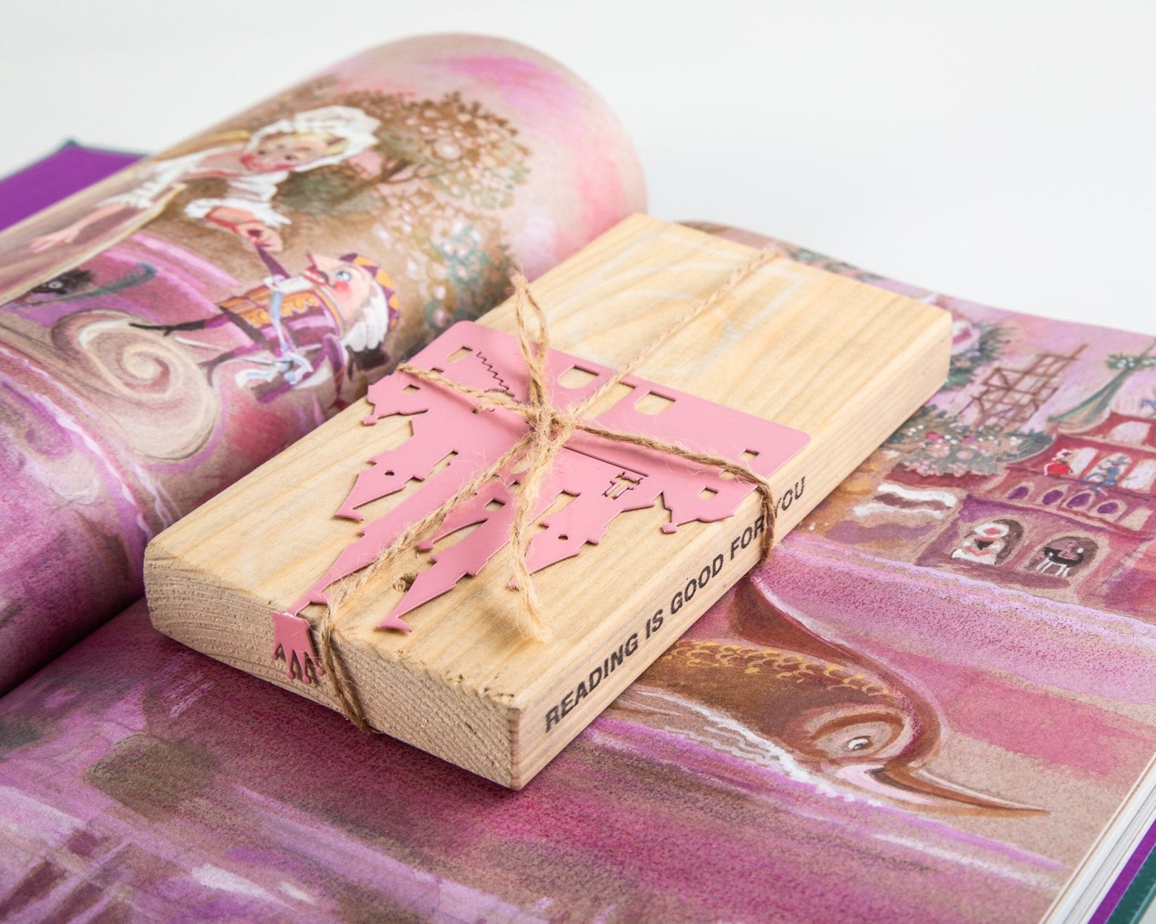 Princess Castle in Pink metal bookmark in red with the engraved wooden gift block it ships with