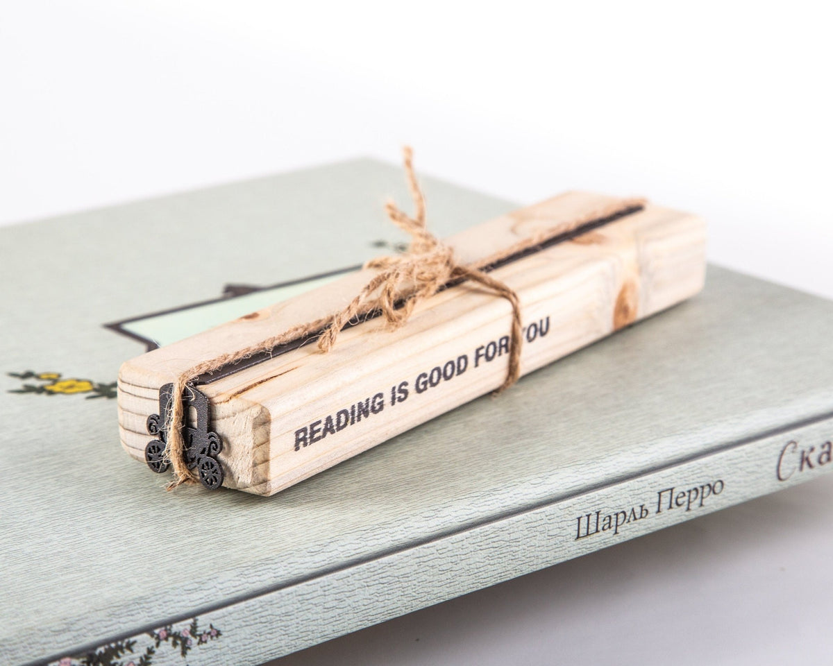 Princess's Carriage metal bookmark with the engraved wooden gift block it ships with