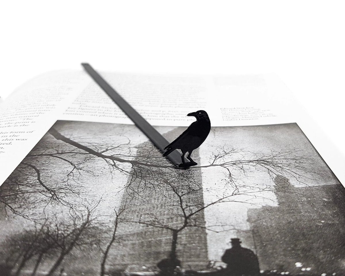 Raven metal bookmark marking a page in an illustrated book