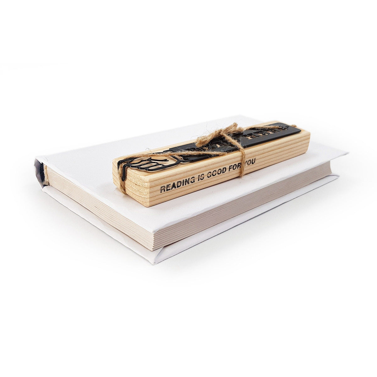Read Here metal bookmark with the engraved wooden gift block it ships with