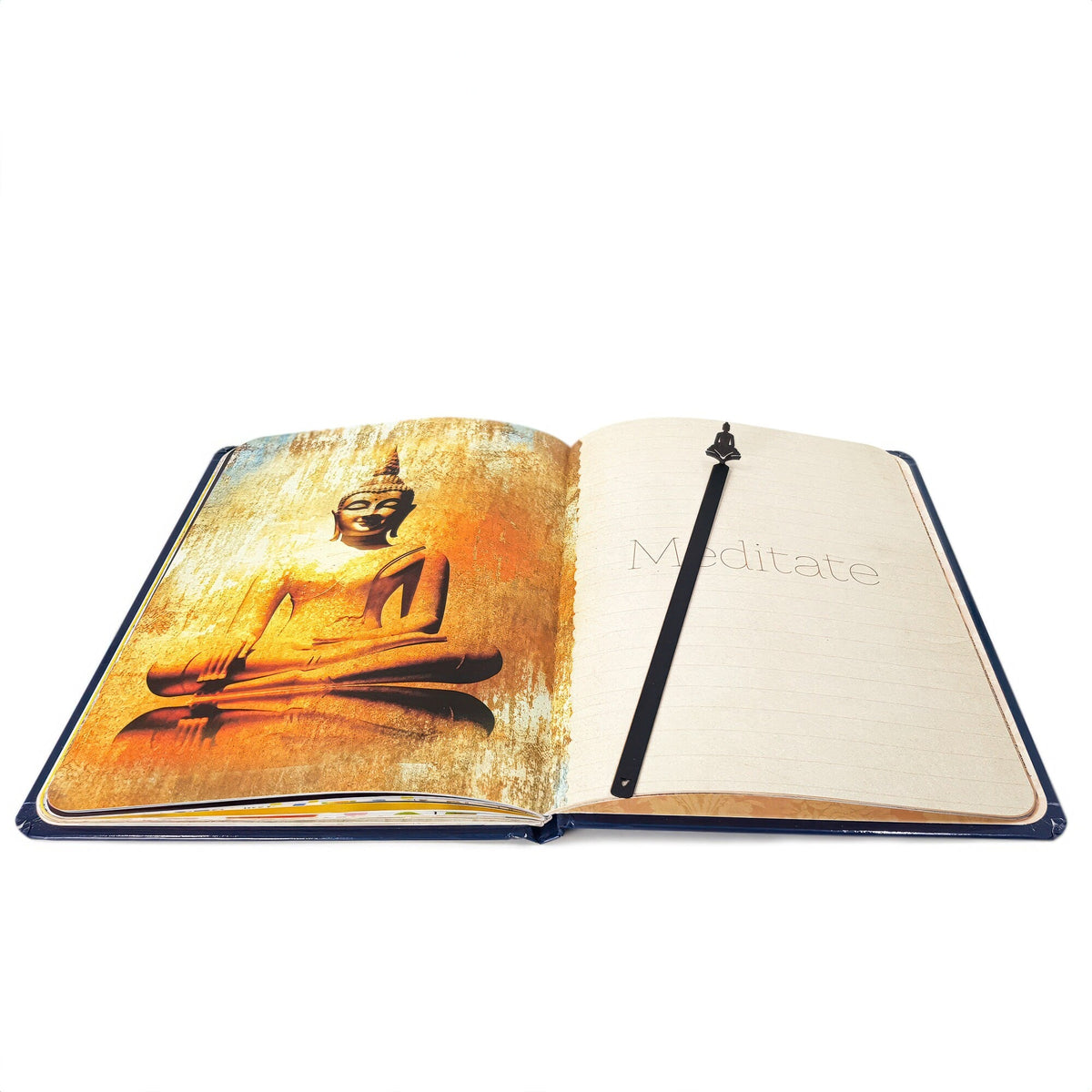 Reading Buddha metal bookmark on an illustrated page