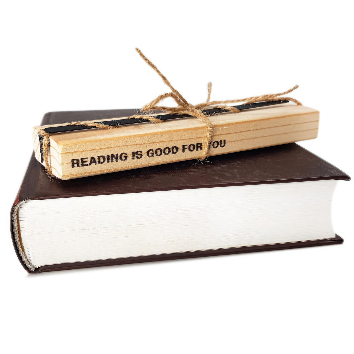 Reading Buddha metal bookmark with the engraved wooden gift block it ships with