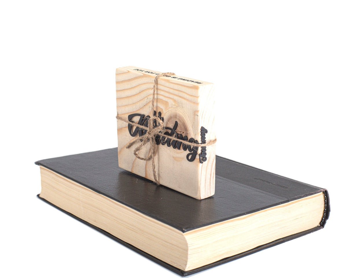 Reading Journey metal bookmark with the engraved wooden gift block it ships with