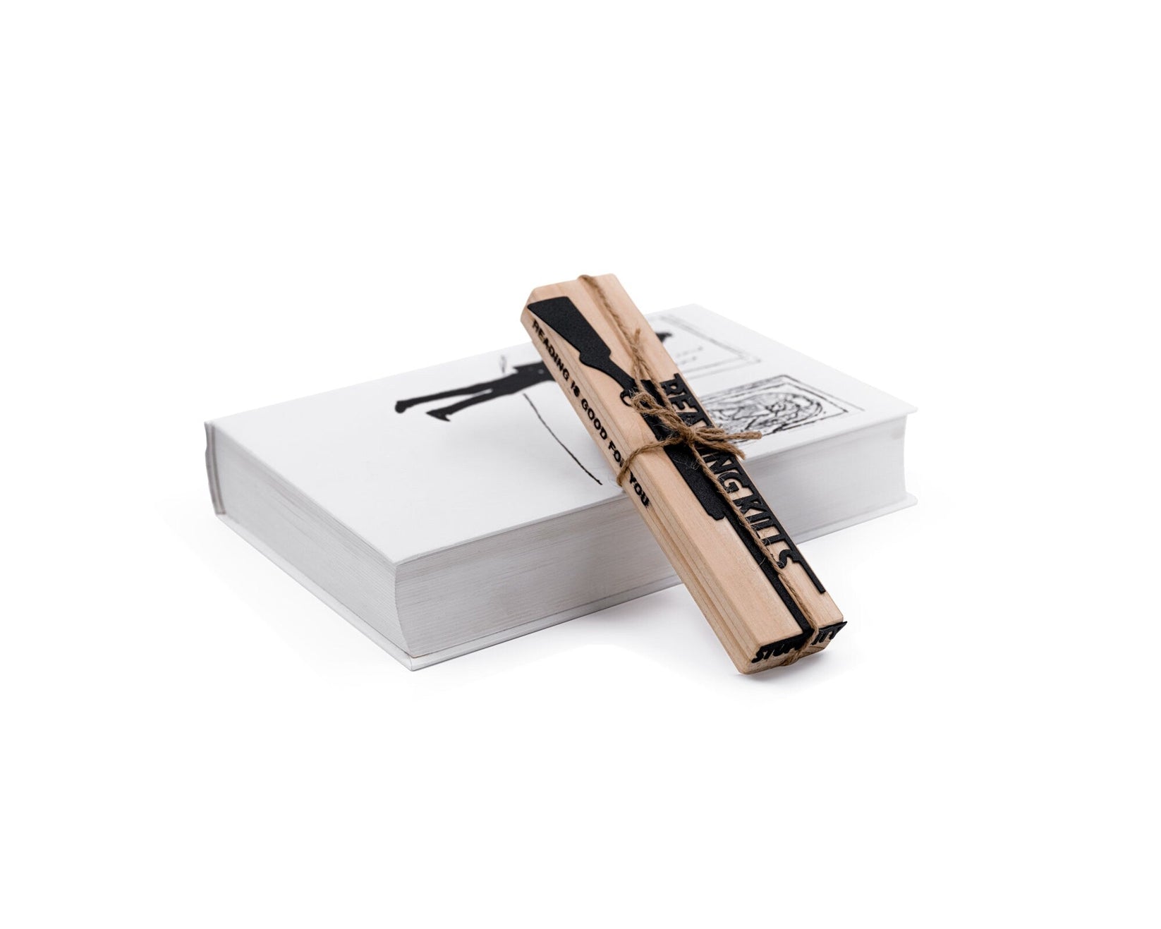 Reading Kills Stupidity metal bookmark with the engraved wooden gift block it ships with