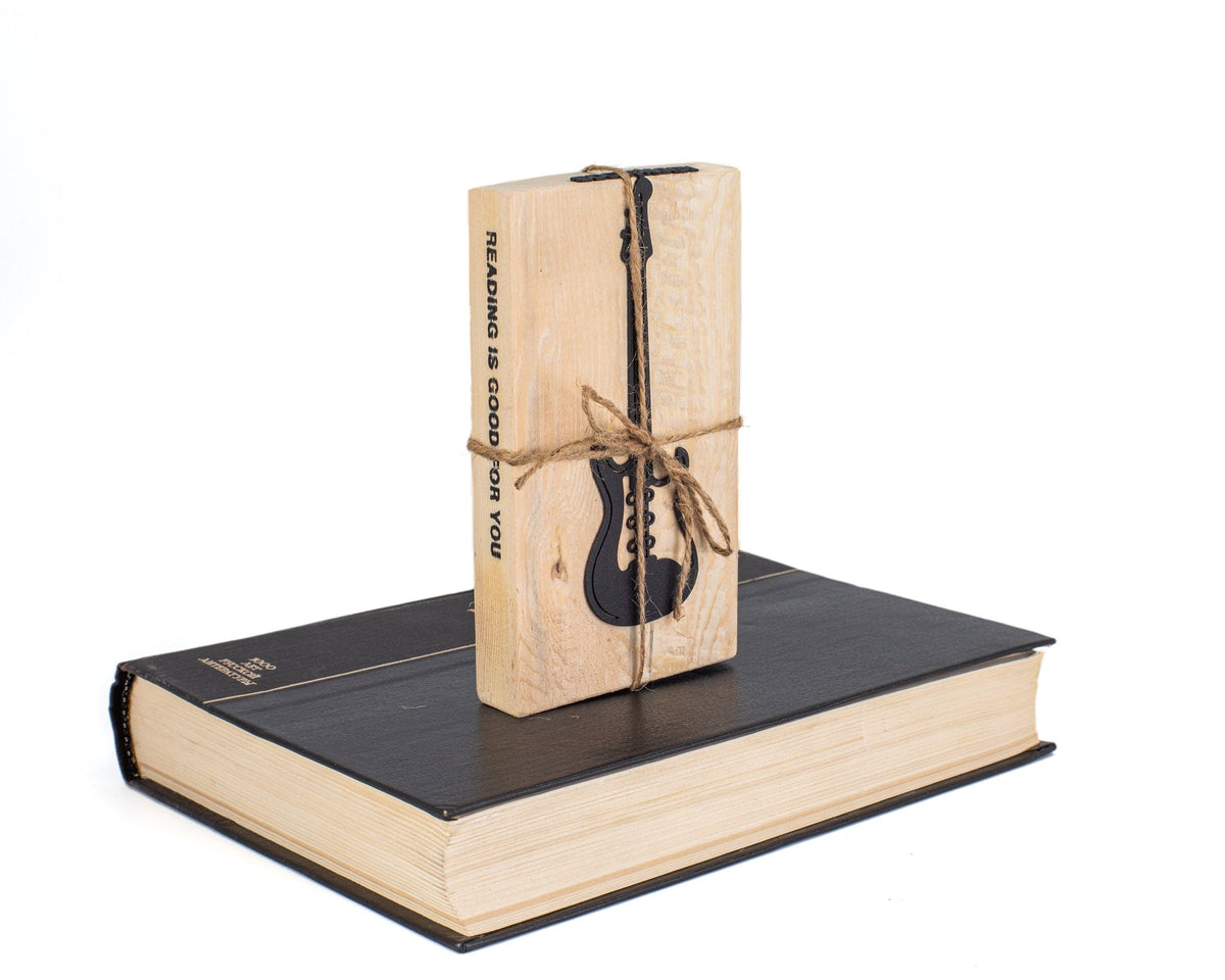 Reading Rocks metal bookmark shown with its wooden gift block