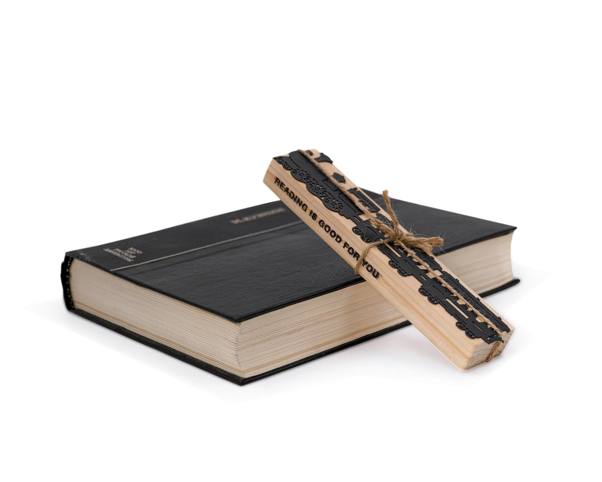 Reading Train metal bookmark with the engraved wooden gift block it ships with