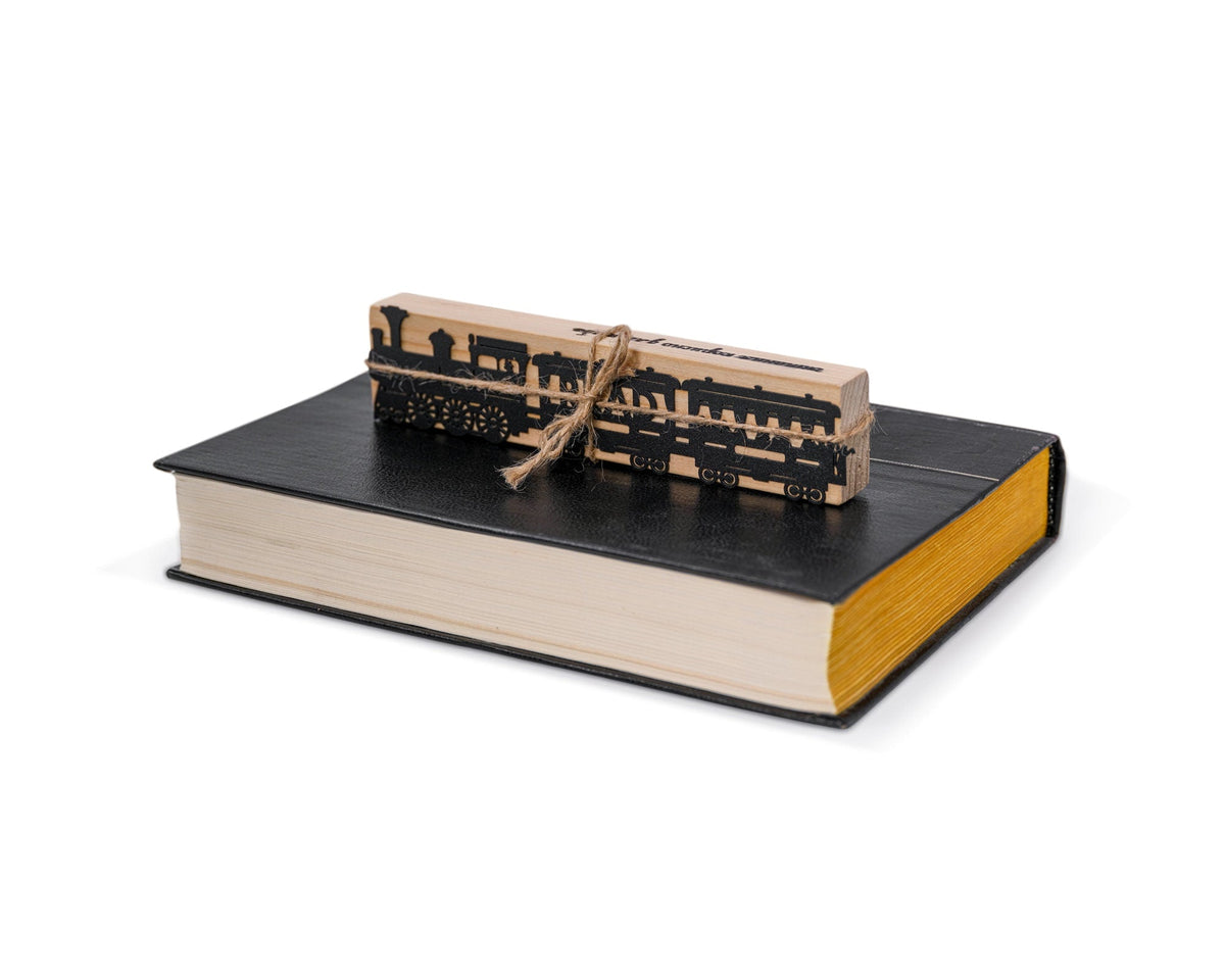 Reading Train metal bookmark packed with kraft paper and twine as a gift