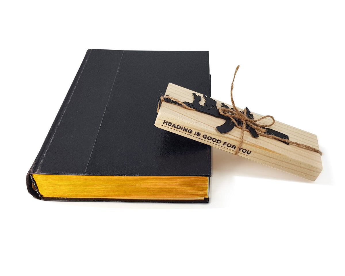 Refugees, No War in Ukraine metal bookmark with the engraved wooden gift block it ships with