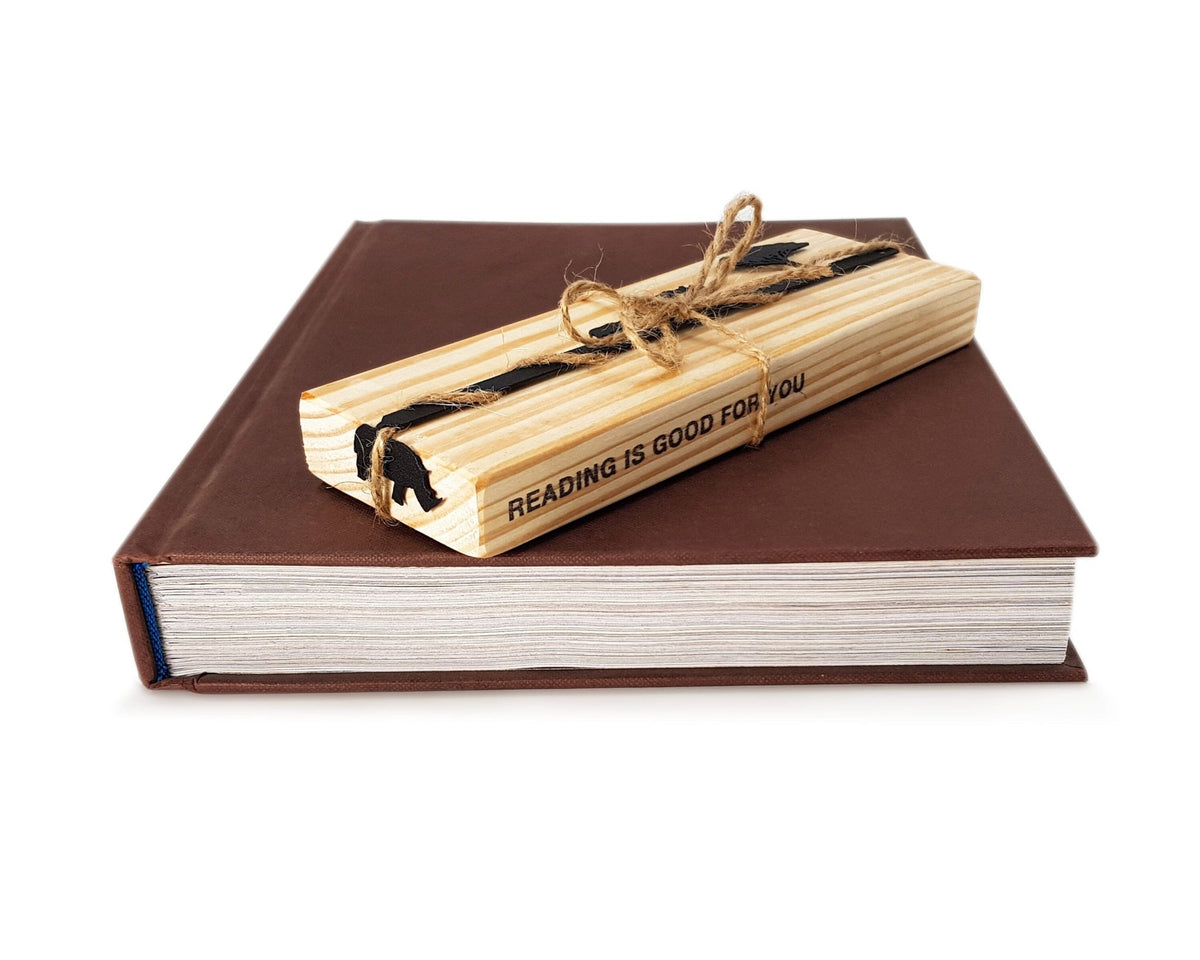 Rhinos metal bookmark with the engraved wooden gift block it ships with