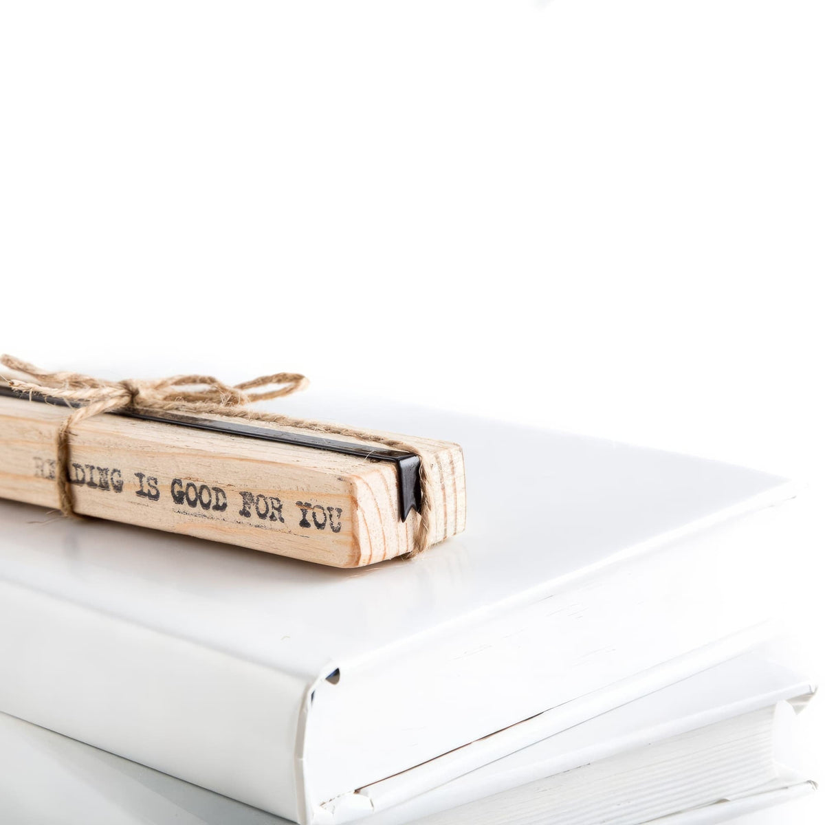 Ribbon metal bookmark with the engraved wooden gift block it ships with