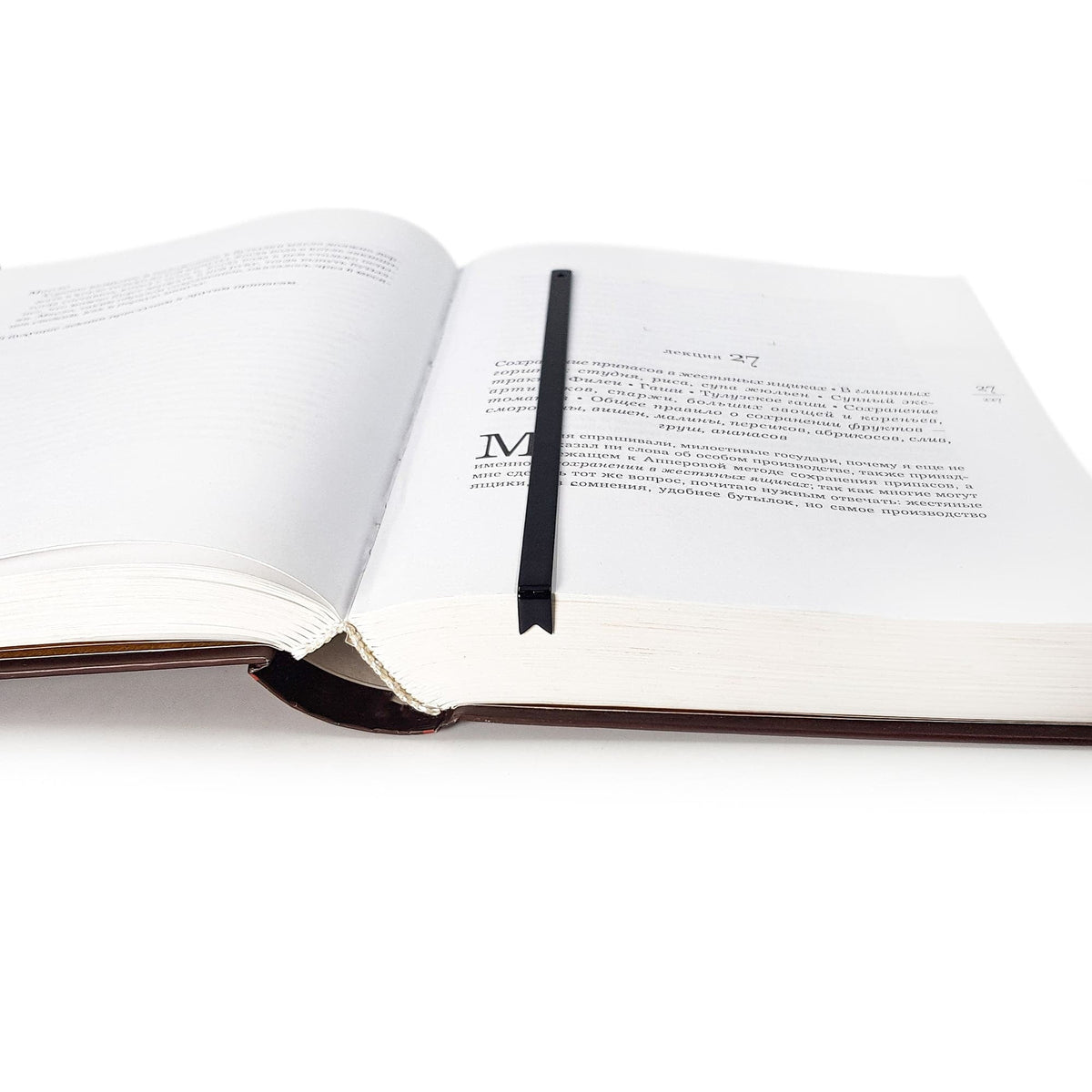 Ribbon metal bookmark lying across the pages of an open book