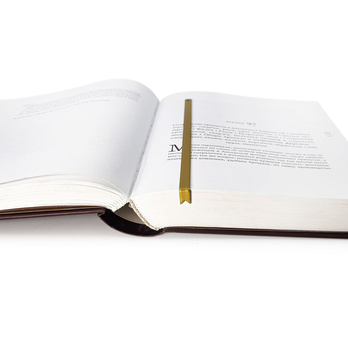 Ribbon metal bookmark in gold resting on the pages of an open book