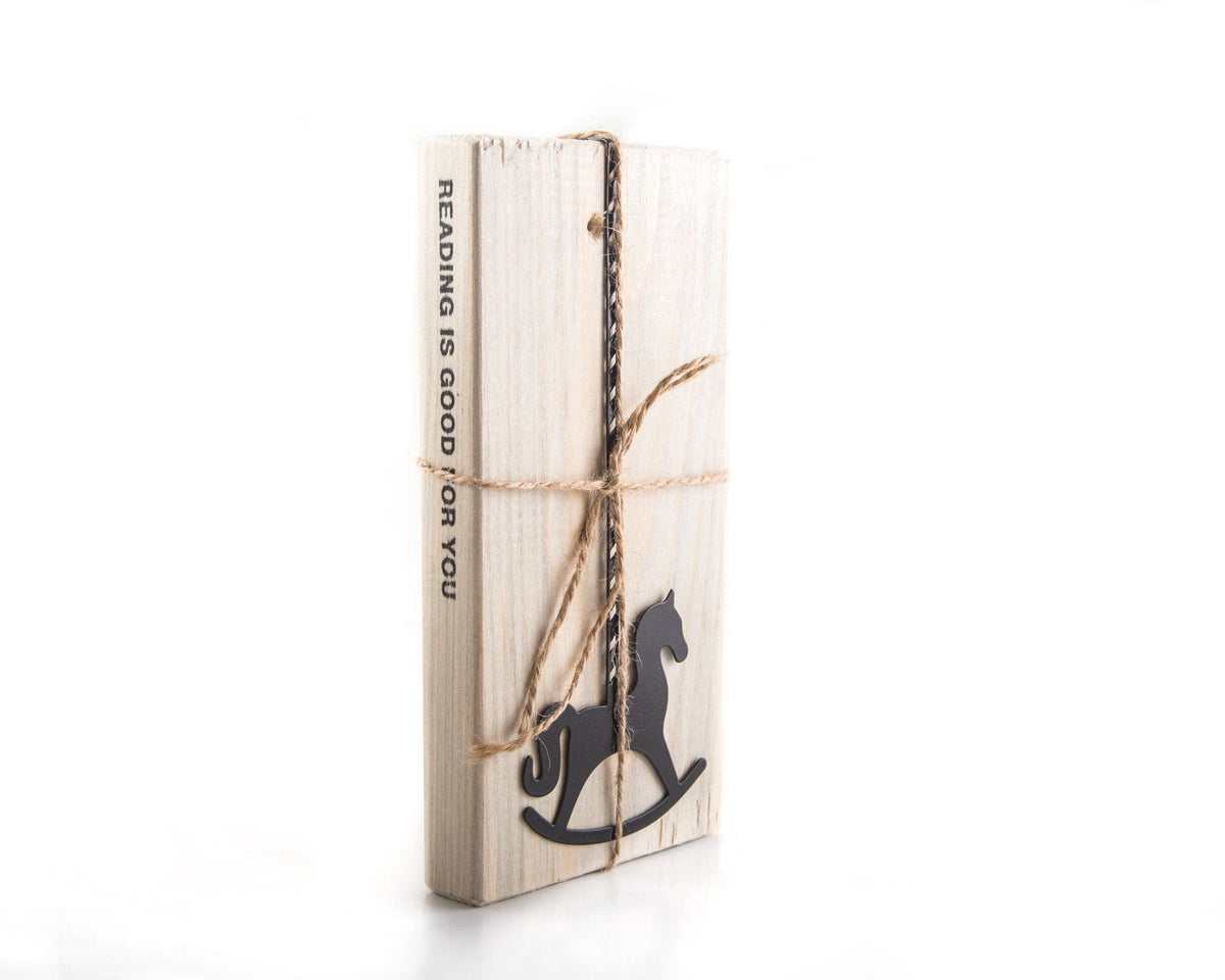 Rocking Horse metal bookmark shown flat on a white background