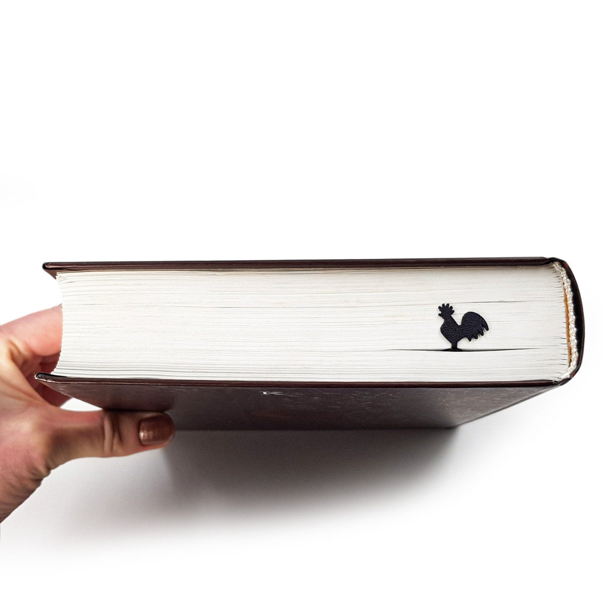 Rooster metal bookmark held up beside an open book