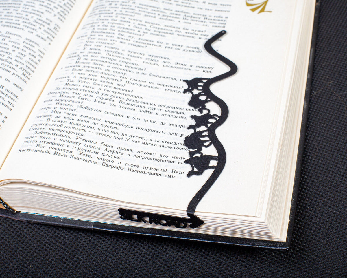 Silk Road metal bookmark on a coloured background