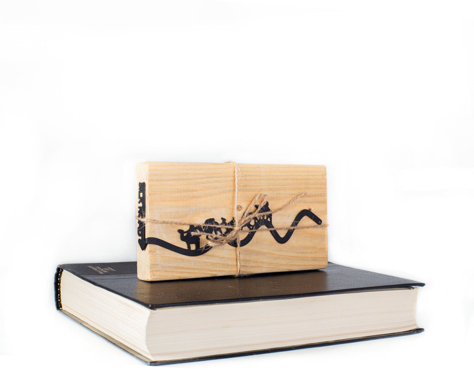 Silk Road metal bookmark with the engraved wooden gift block it ships with