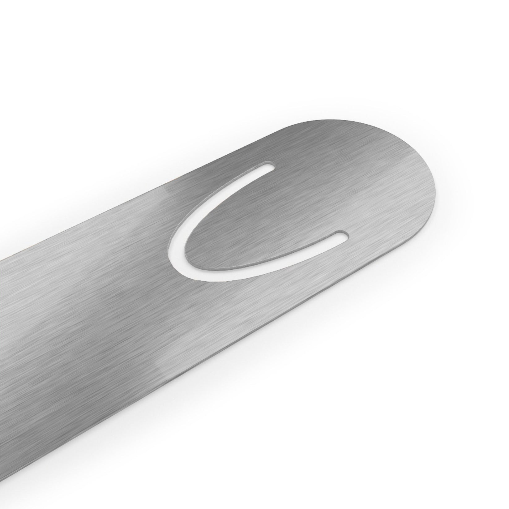Skeleton with the Book metal bookmark in silver flat on white, the whole silhouette visible