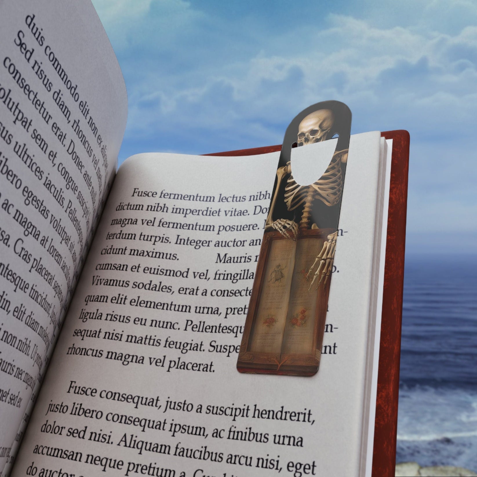 Skeleton with the Book metal bookmark on a coloured background