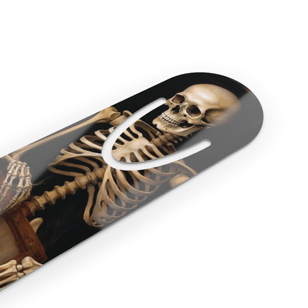 Skeleton with the Book metal bookmark close-up of the laser-cut detail
