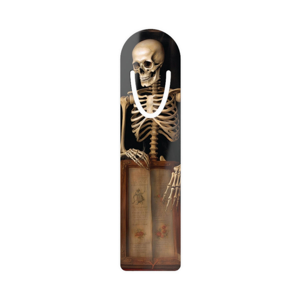 Skeleton with the Book metal bookmark shown flat on a white background