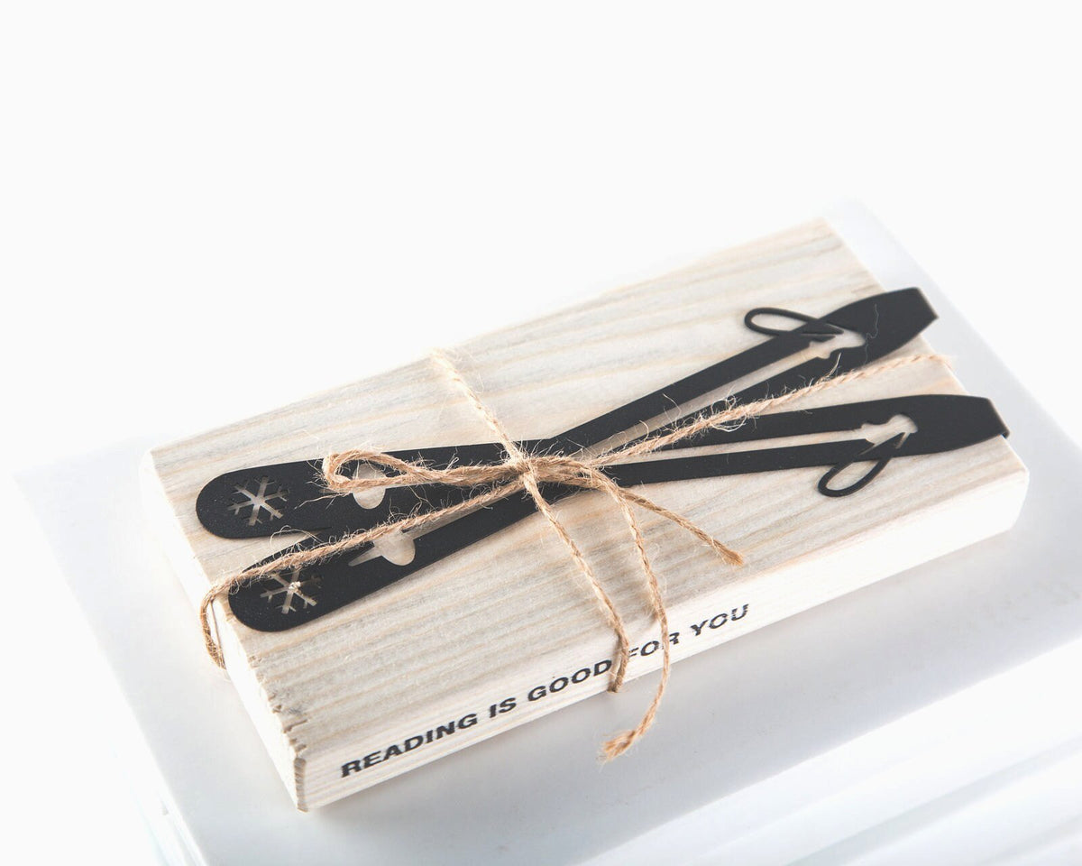 Skis metal bookmark with the engraved wooden gift block it ships with