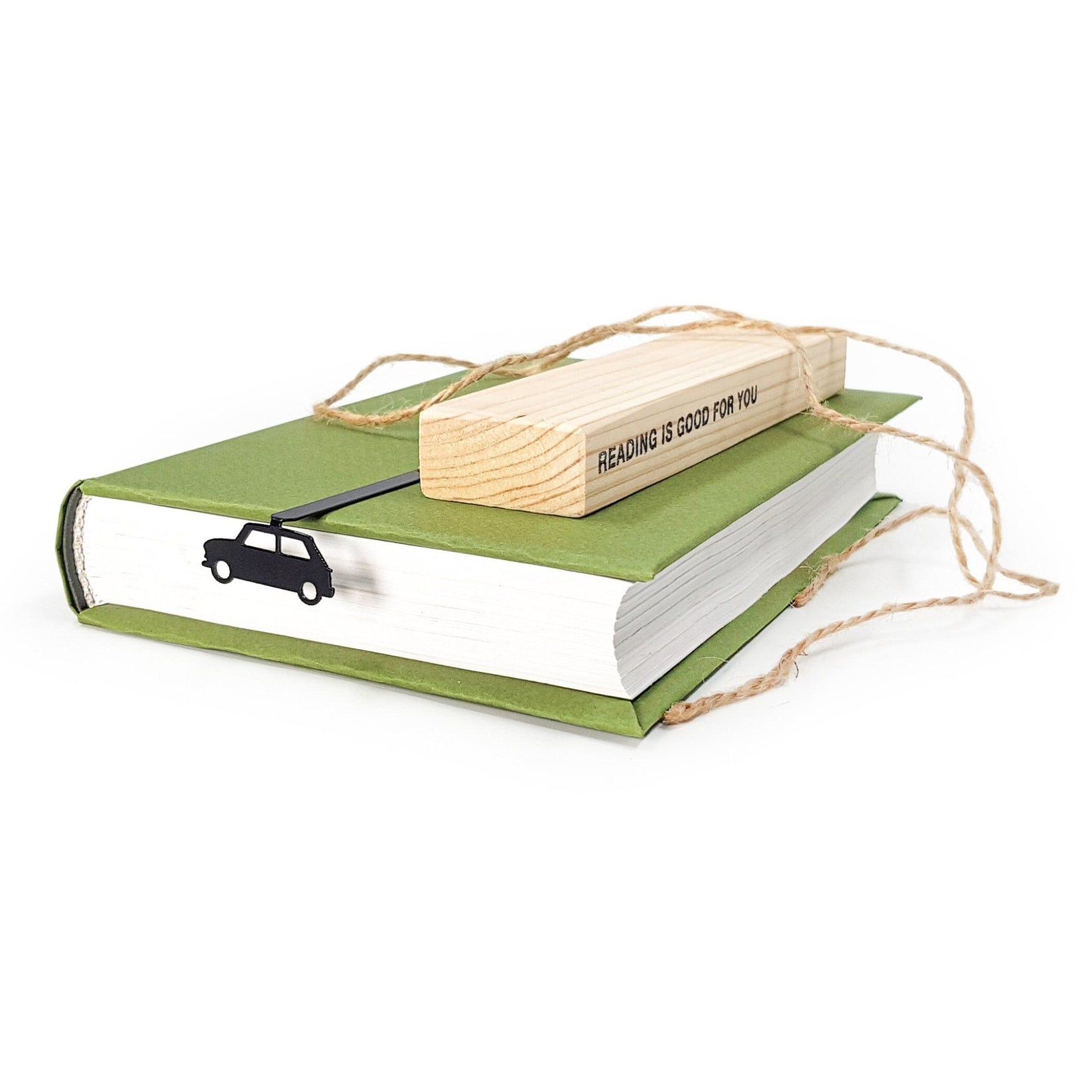 Black Car metal bookmark with the engraved wooden gift block it ships with