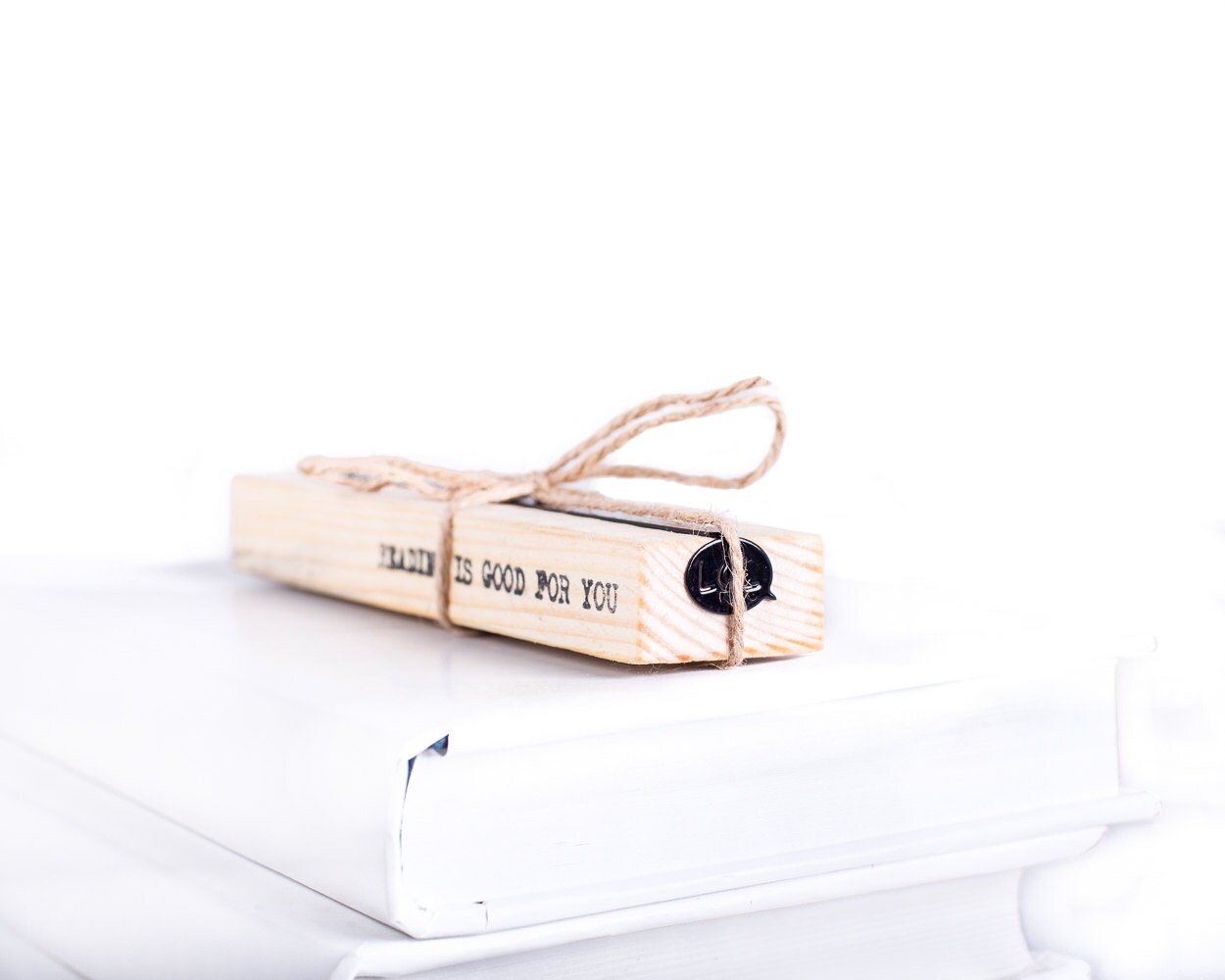 Speech Bubble LOL metal bookmark with the engraved wooden gift block it ships with