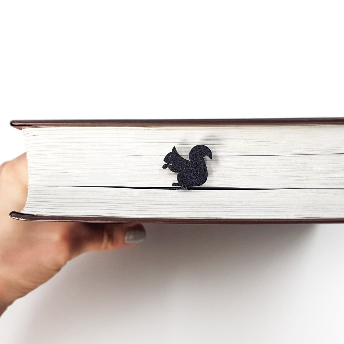 Squirrel and a Pinecone metal bookmark in a closed book, only its top showing above the pages