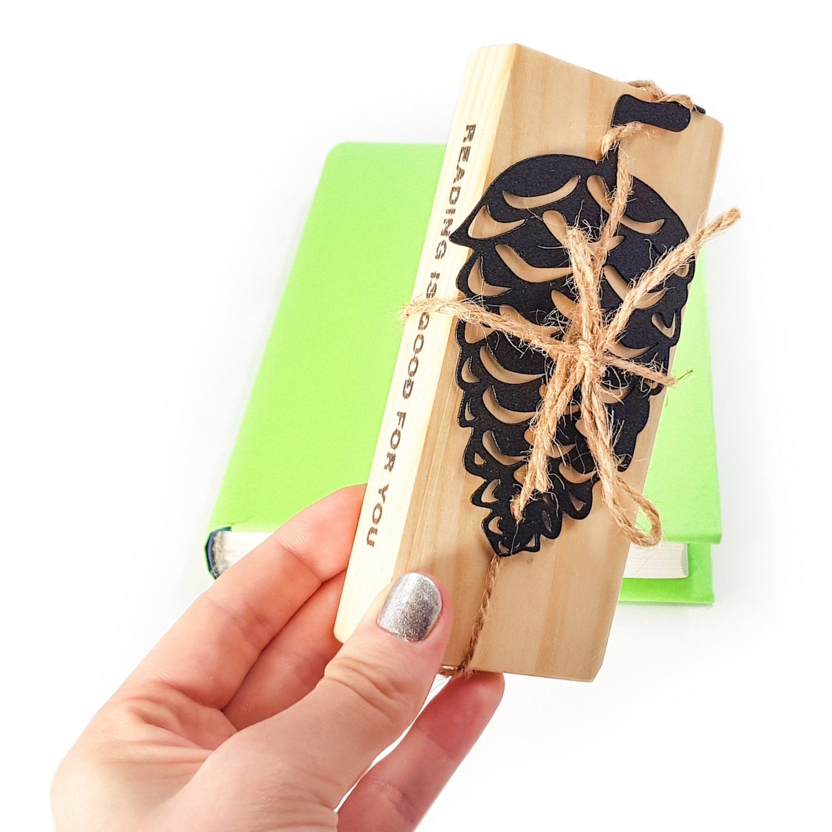 Squirrel and a Pinecone metal bookmark with the engraved wooden gift block it ships with