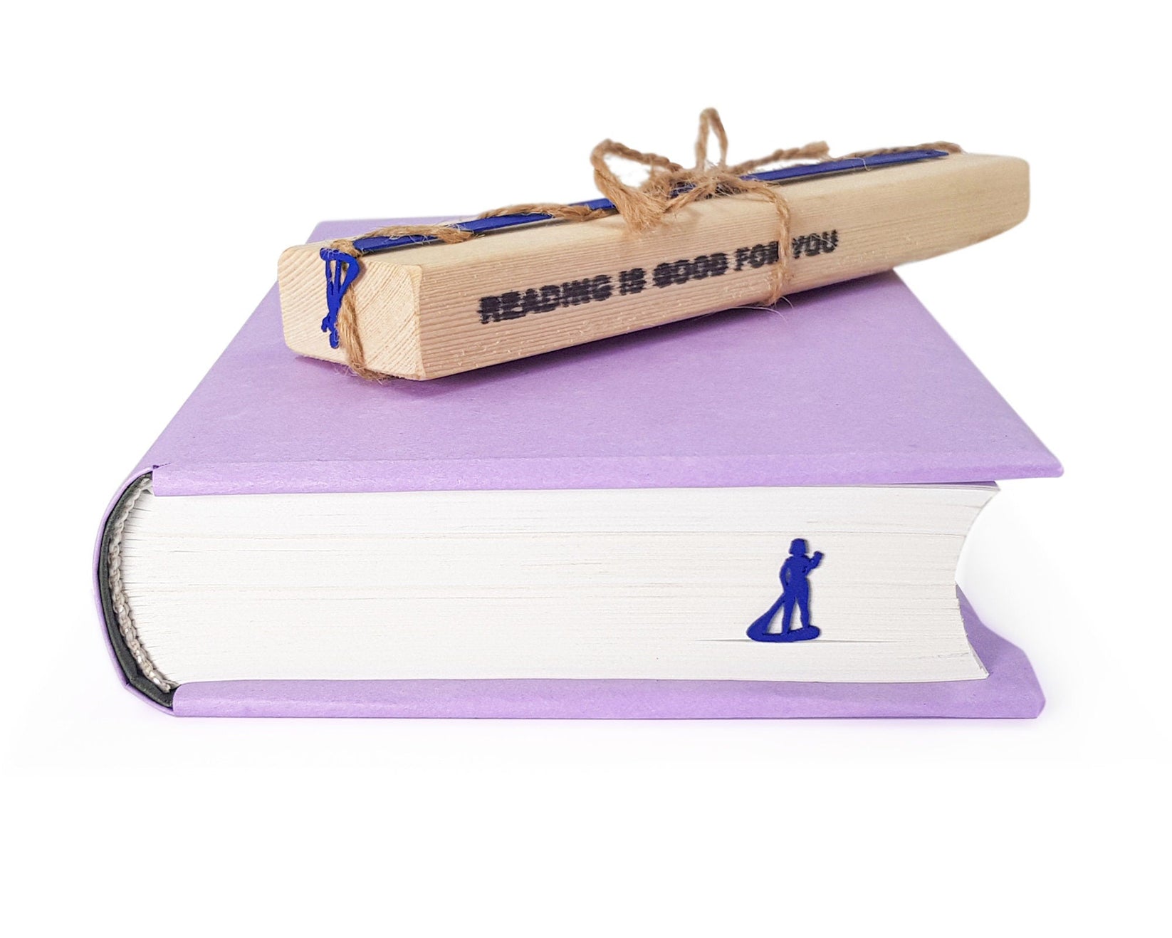 Surfer metal bookmark in blue with the engraved wooden gift block it ships with