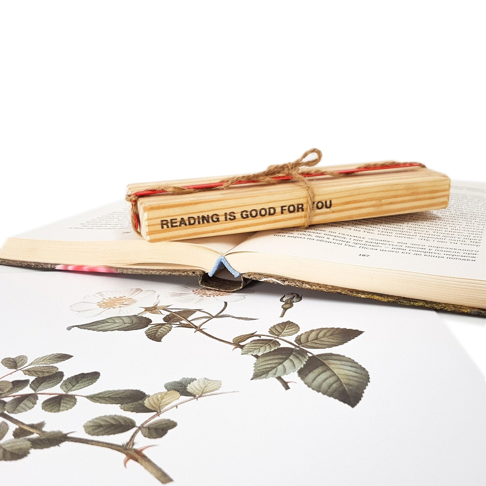 Sweet Cherries metal bookmark in red with the engraved wooden gift block it ships with