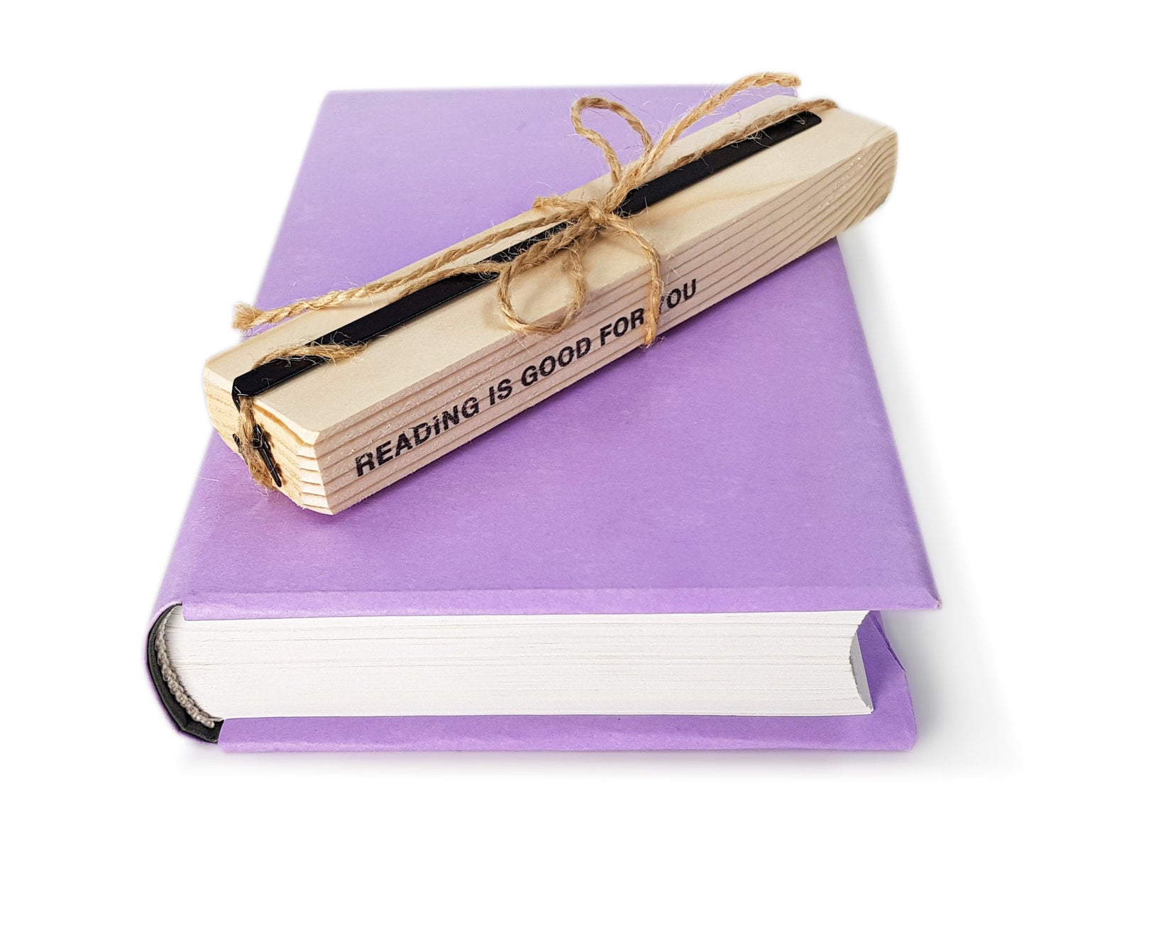 Take a Book Will Fly metal bookmark with the engraved wooden gift block it ships with