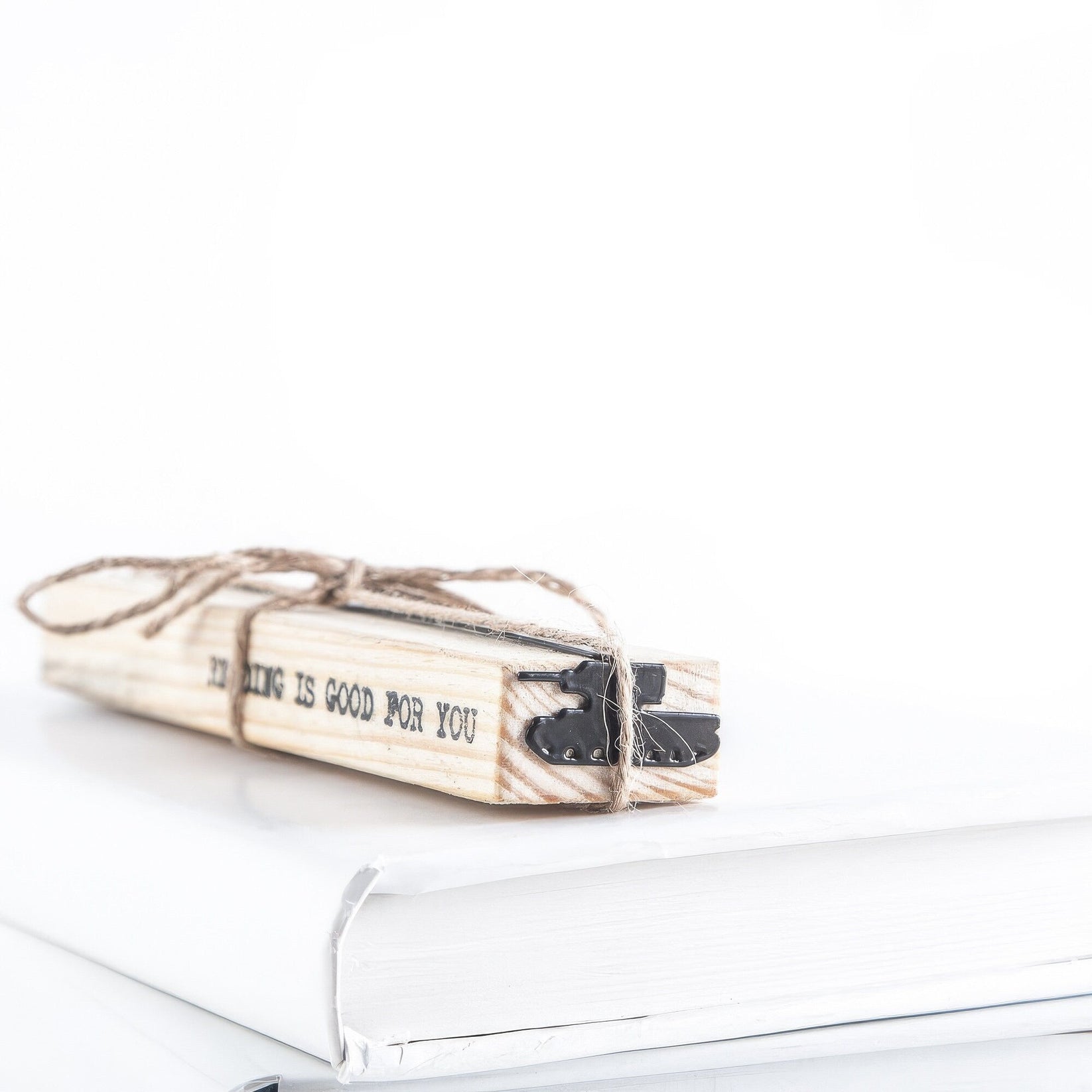 Tank metal bookmark with the engraved wooden gift block it ships with