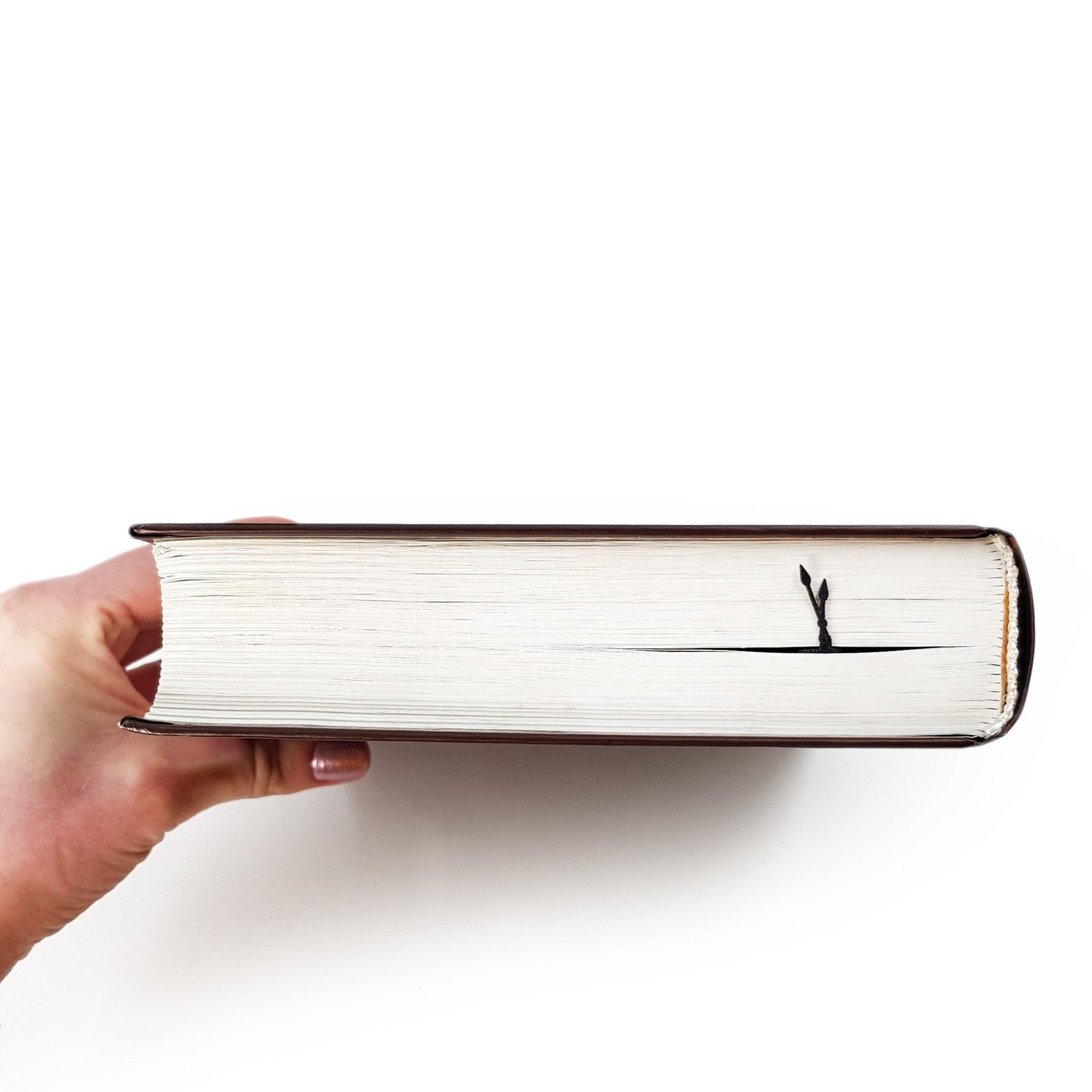 The Raven's Pendulum Dance metal bookmark held up beside an open book