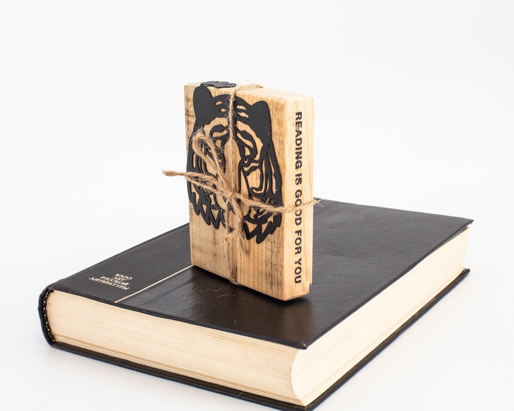 Tiger Head metal bookmark with the engraved wooden gift block it ships with
