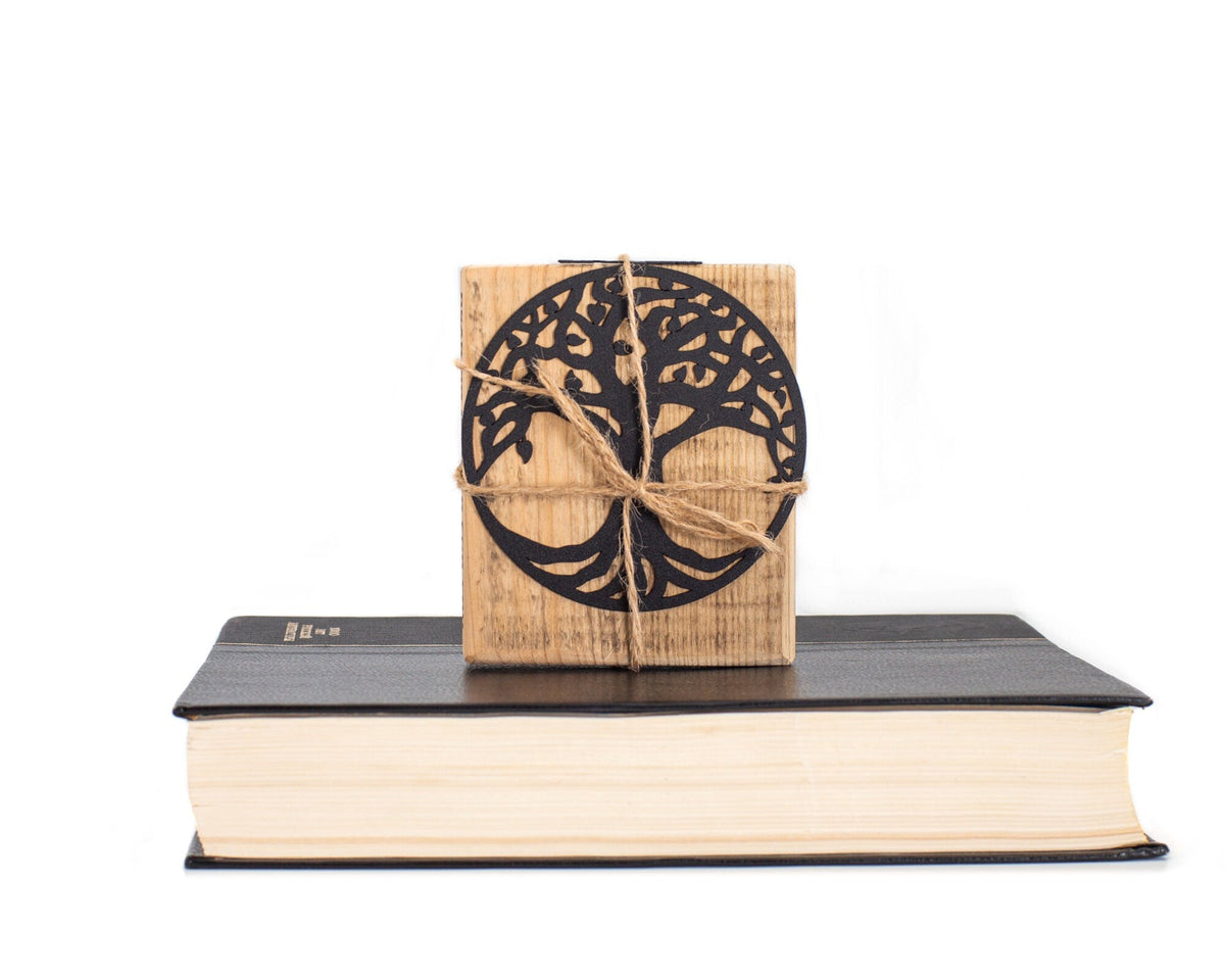 Tree of Life metal bookmark with the engraved wooden gift block it ships with