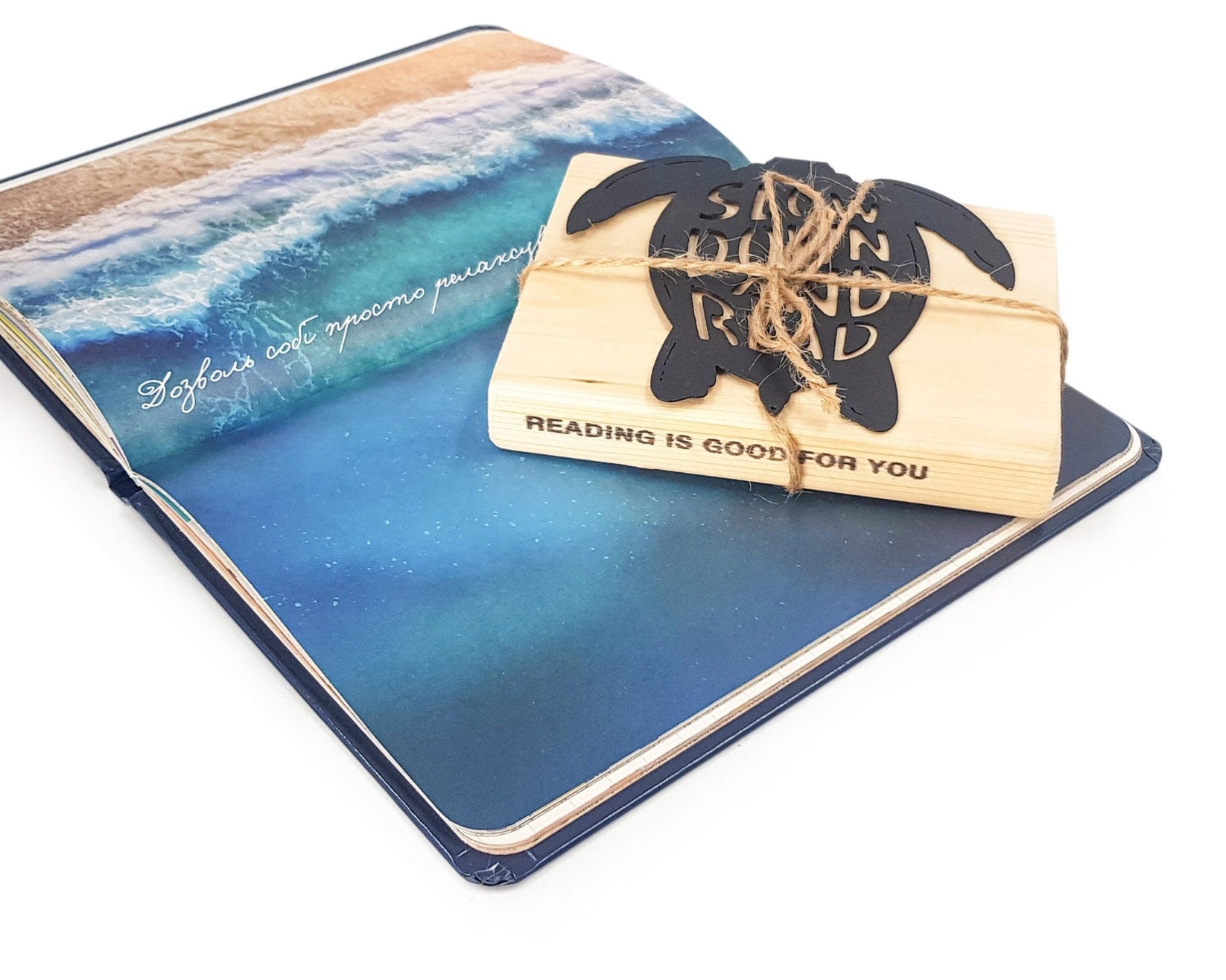 Turtle metal bookmark with the engraved wooden gift block it ships with