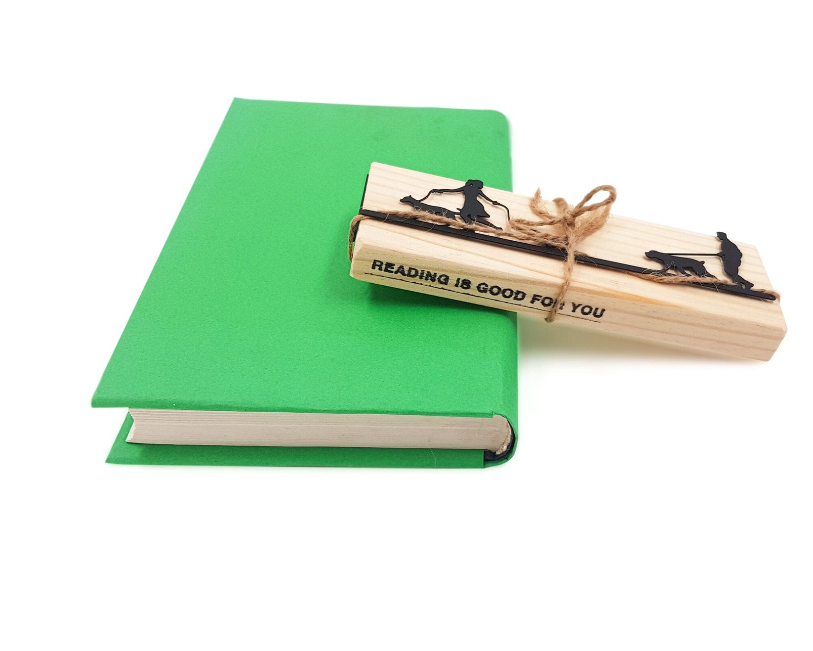 Walking the Dog metal bookmark with the engraved wooden gift block it ships with