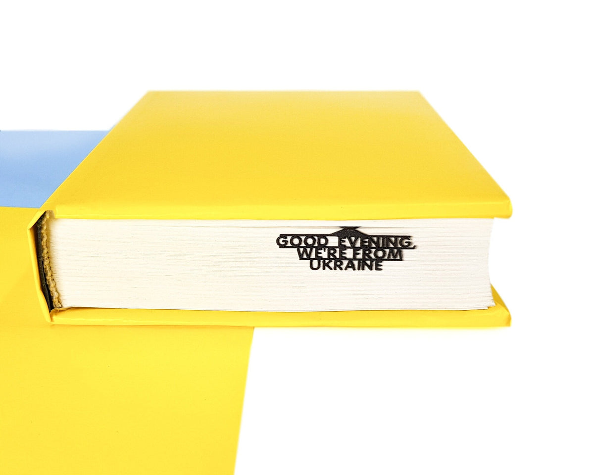 War in Ukraine, Good Evening We Are From Ukraine bookmark against a coloured backdrop