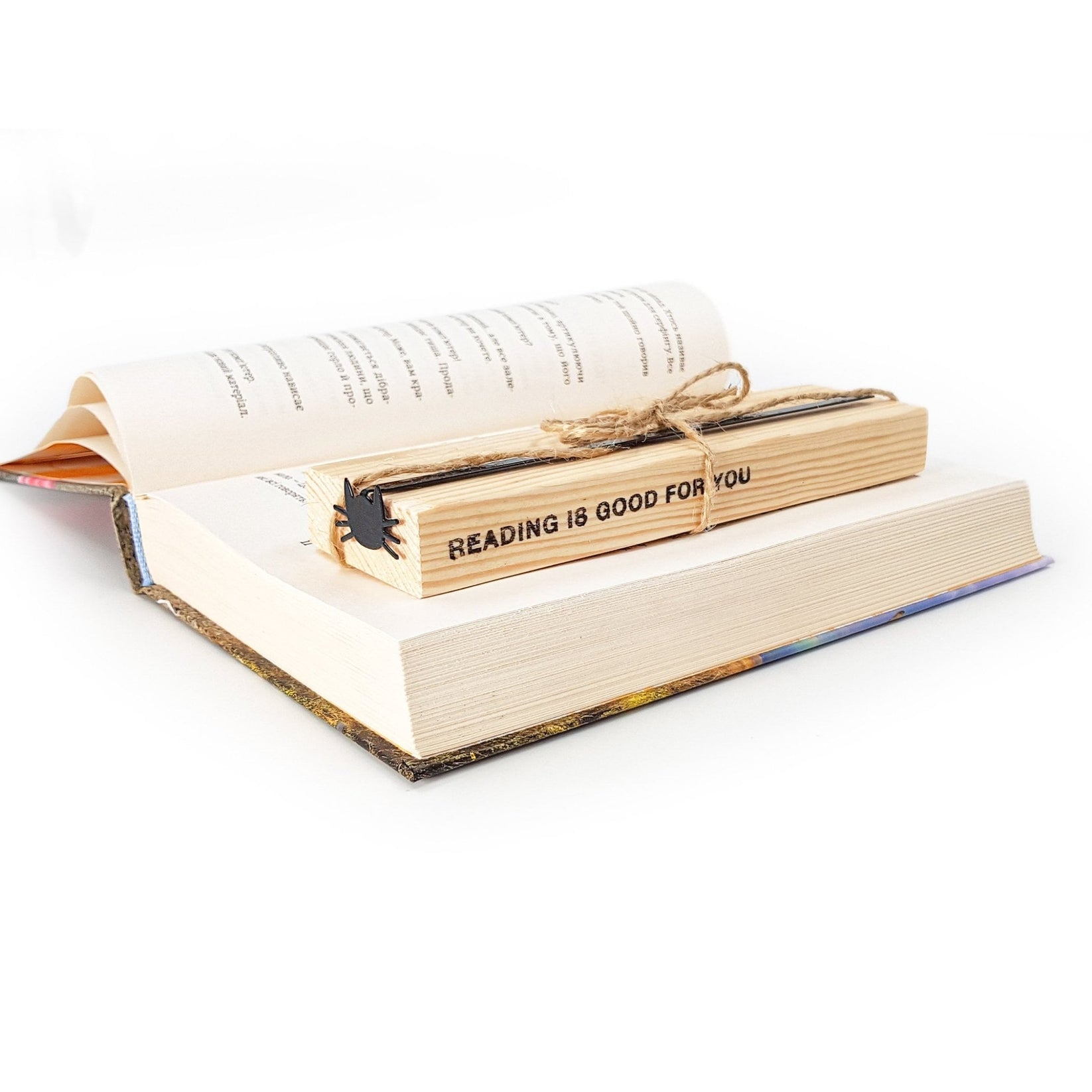 Whiskers in Your Book metal bookmark with the engraved wooden gift block it ships with
