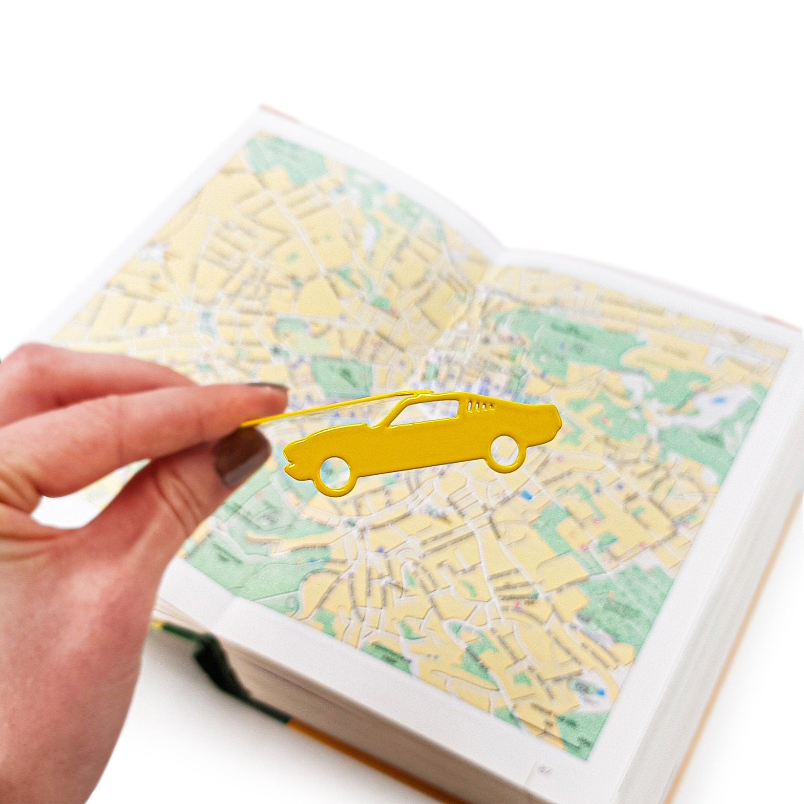 Yellow Muscle Car metal bookmark in gold on a coloured background