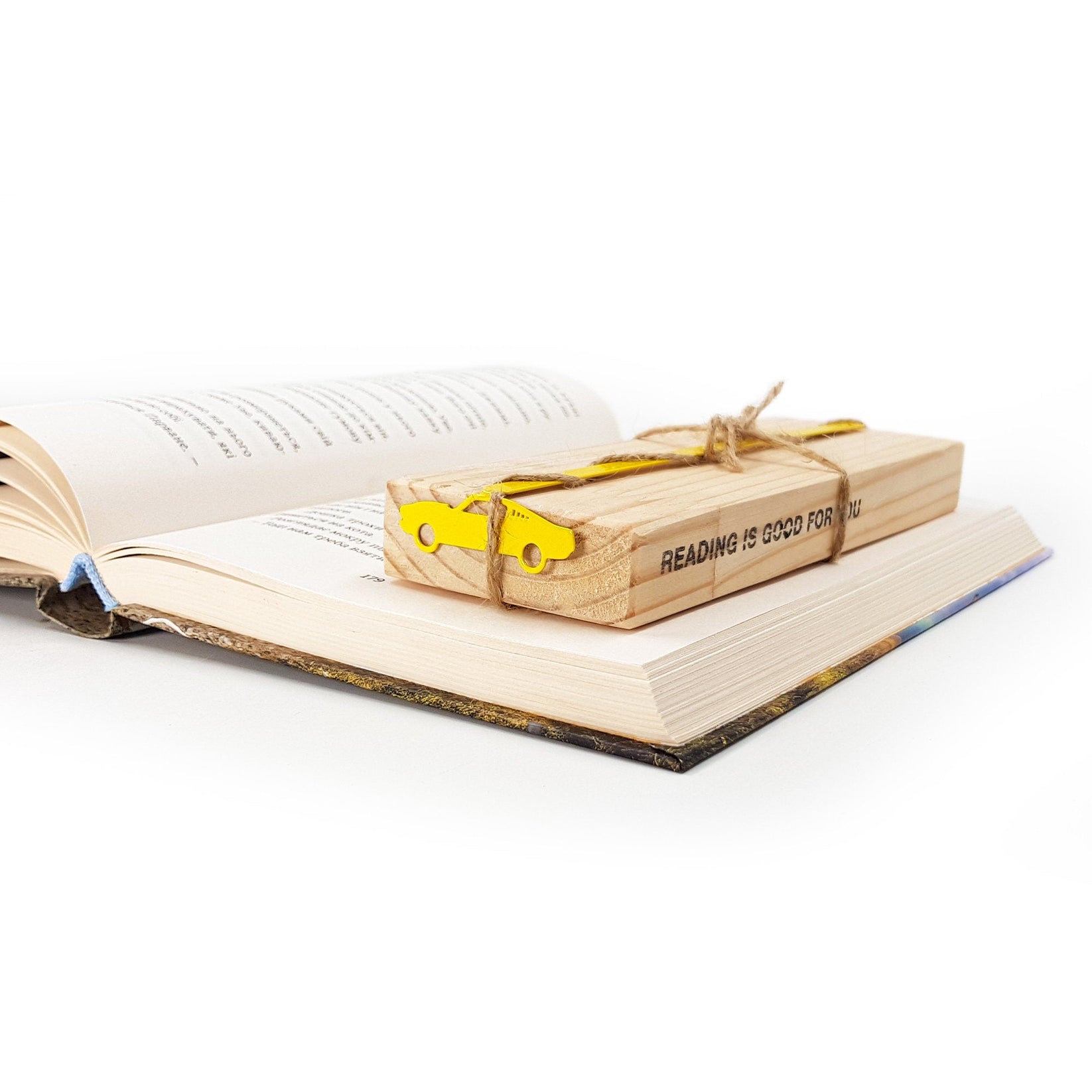 Yellow Muscle Car metal bookmark in gold with the engraved wooden gift block it ships with