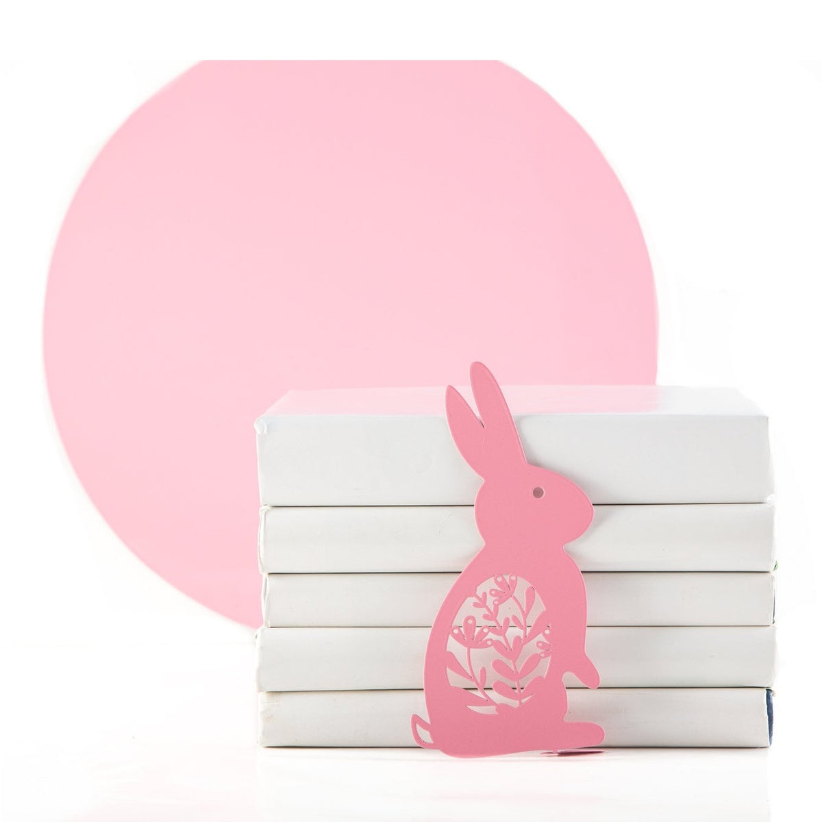 Bunny with a Carrot metal bookmark in red on a coloured background
