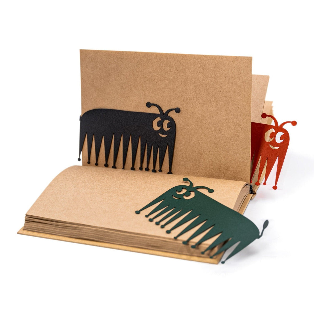 Charming Centipede metal bookmark with the engraved wooden gift block it ships with